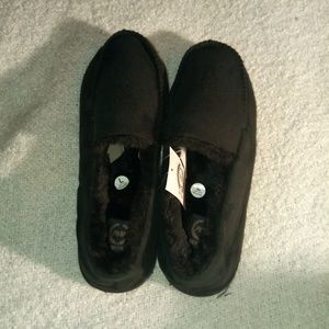 Womens Black Faux Fur Lined Moccasins Slippers